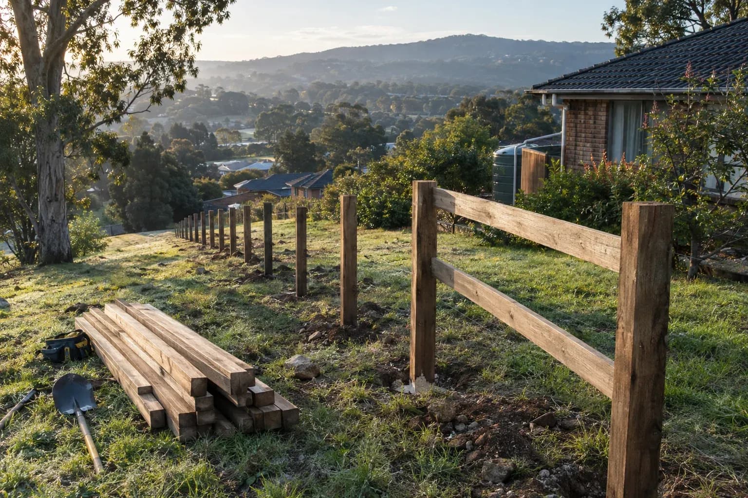 A part-built timber post and rail fence steps down a sloping rural block on the edge of Mooroolbark, raw hardw