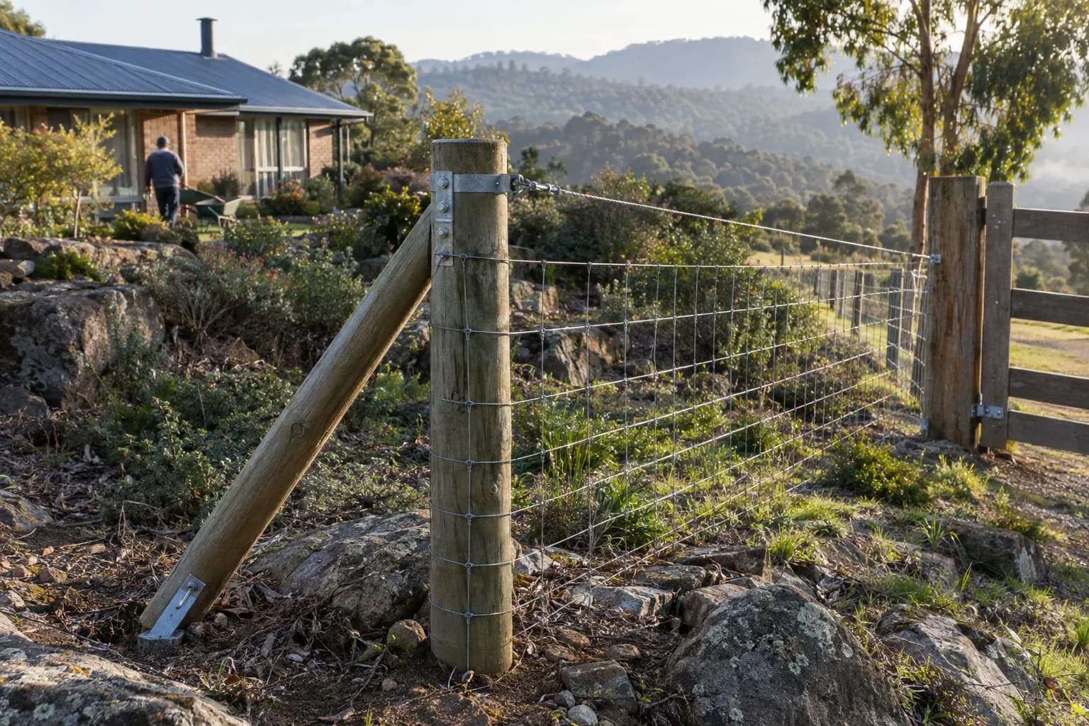 A braced strainer post assembly anchors the corner of a ringlock wire fence on a rocky Dandenong Ranges foothi