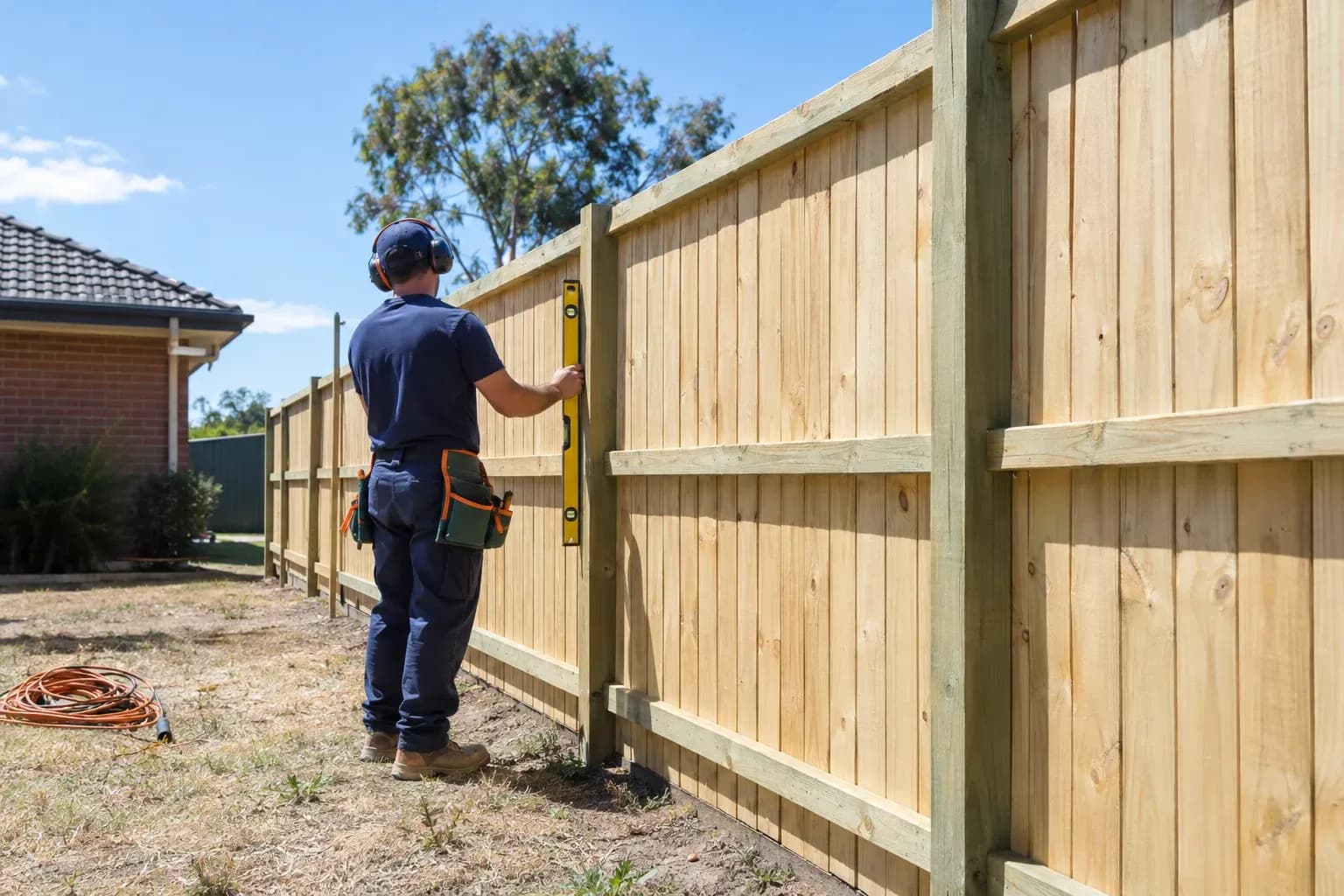 Two fencers building a timber paling fence on a sloping block