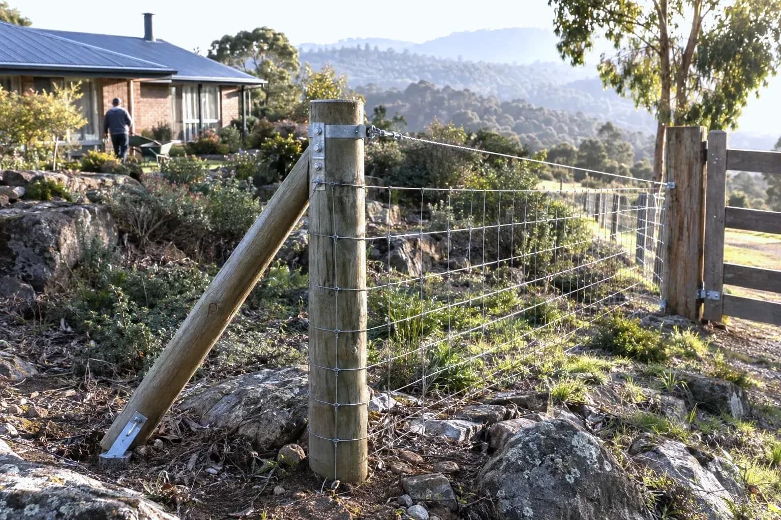 Braced strainer post anchoring a ringlock wire fence on rocky ground