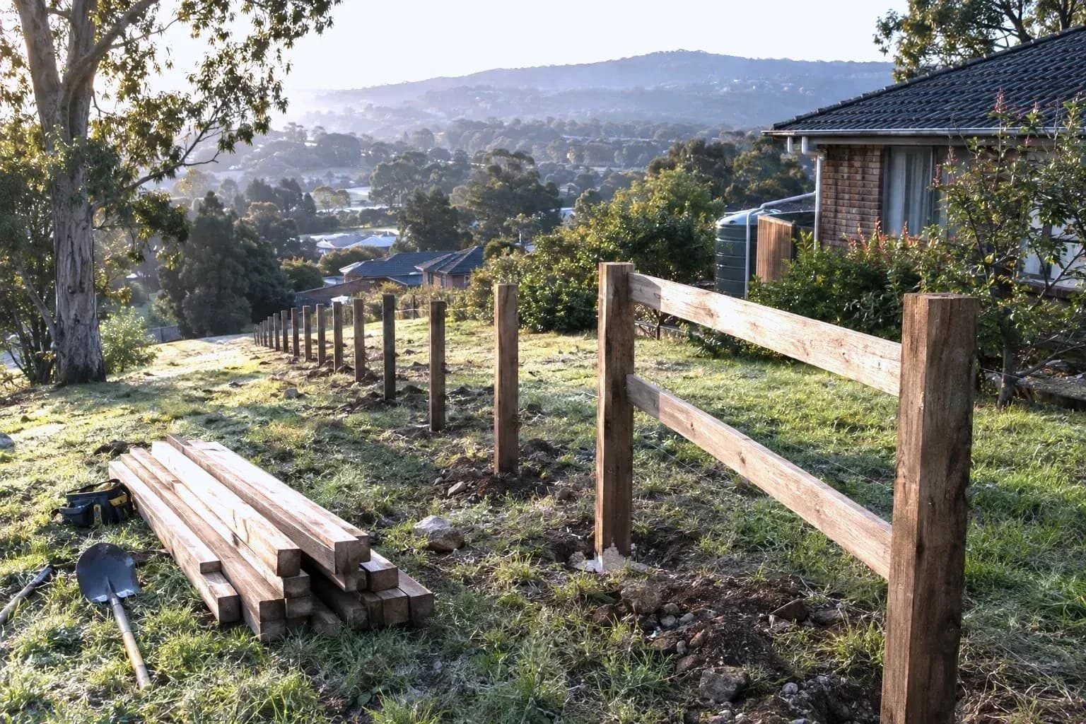 Part-built post and rail fence stepping down a sloping rural block