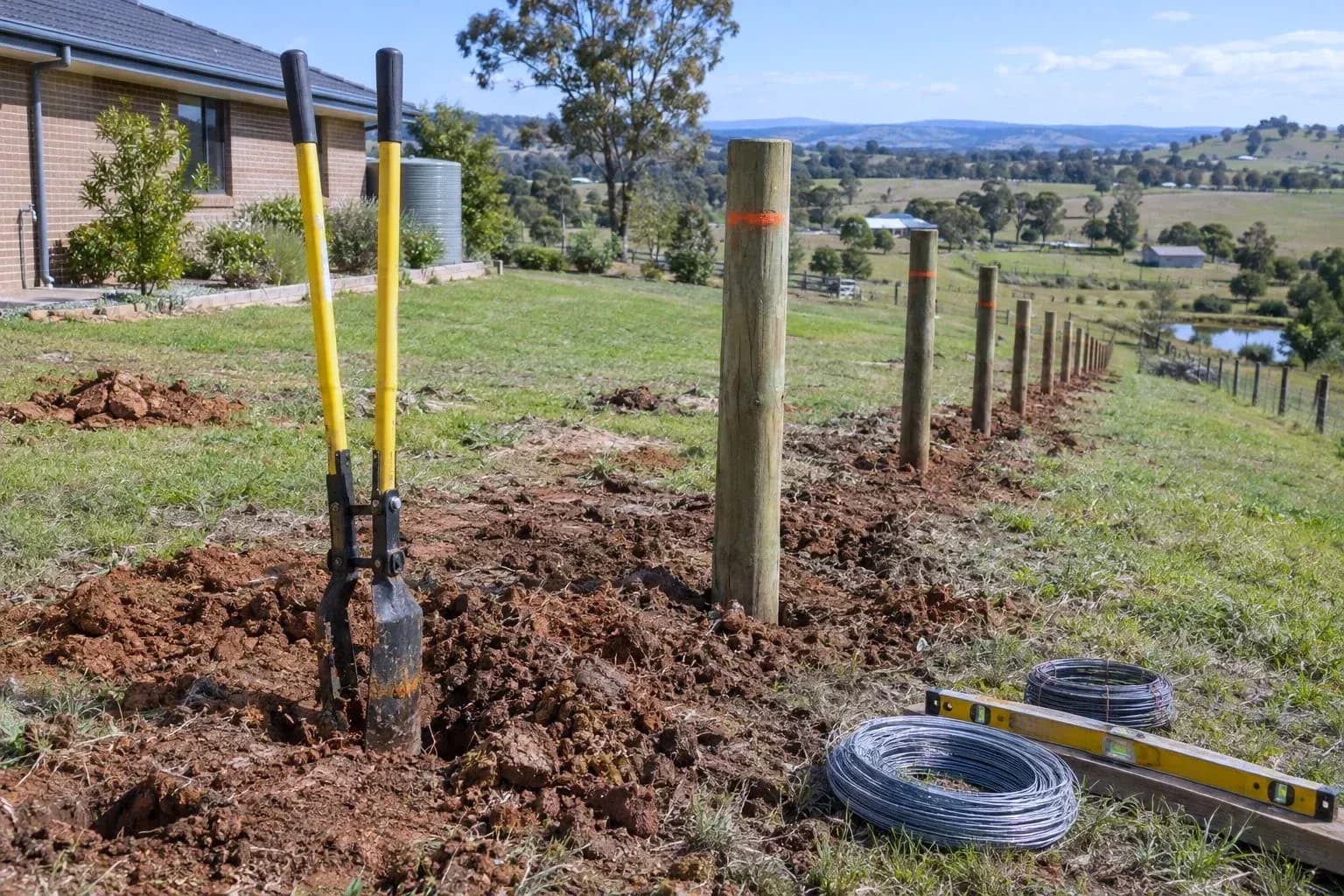 Post-hole digger in freshly turned clay beside a line of new timber posts